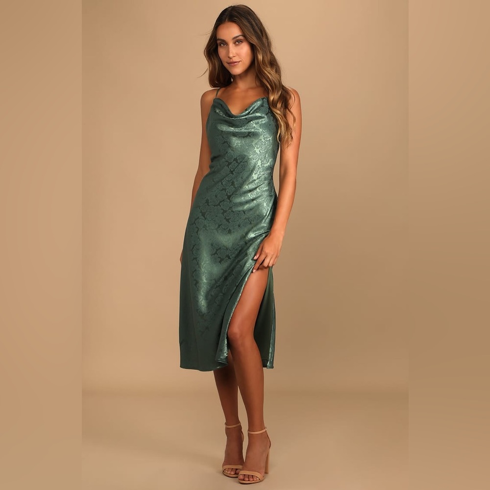 You're My Type Sage Green Satin Jacquard Midi Slip Dress